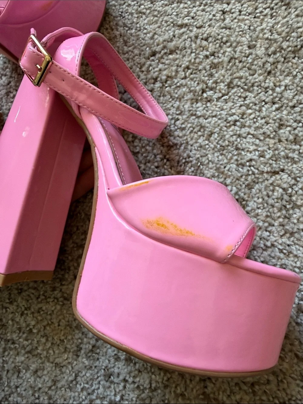 Lemon Drop Pink Platform Block Heel Sandals with Ankle Strap